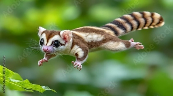 Fototapeta A sugar glider leaps through a lush green environment, showcasing its agility and grace.