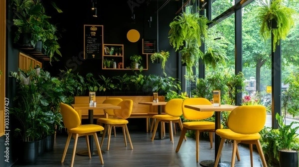 Obraz A vibrant café interior filled with greenery and modern furniture for a cozy atmosphere.