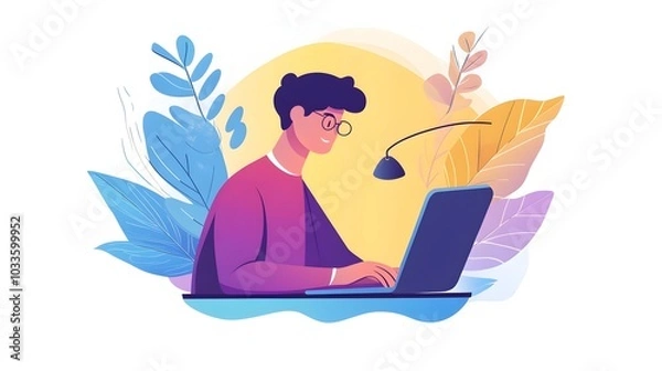 Fototapeta Man Working on Laptop  Freelance  Remote Work  Online Business  Digital Nomad  Home Office  Desk  Technology  Illustration  Vector