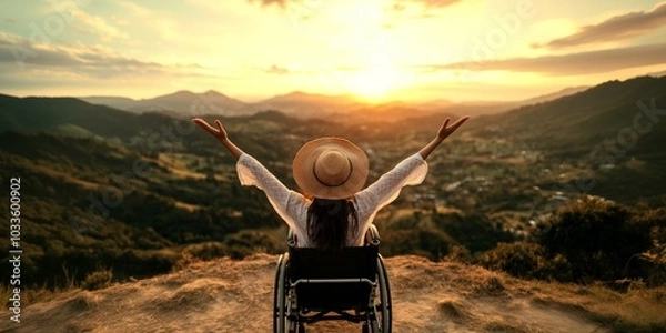 Obraz Uplifting, motivational portrait of a happy disabled person in a wheelchair manifesting positivity and zest for life - Young woman with straw hat on a stunning vista point with warm evening sunlight