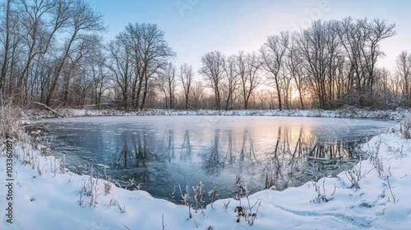 Fototapeta Panoramic winter landscape of a snowy forest by a frozen river at sunset with frost-covered trees and sunlight reflections in the ice-covered water, capturing the tranquil beauty of a serene winter wo
