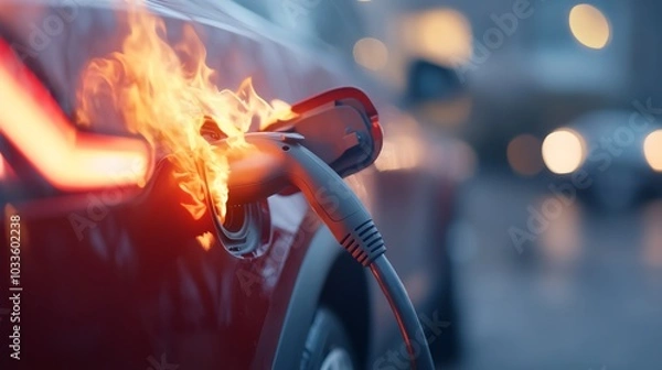 Obraz Close-up of an electric car charging port on fire, highlighting potential risks and safety concerns in electric vehicle technology.