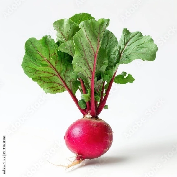 Fototapeta A close-up photograph of a radish plant showing its root and leafy greens,