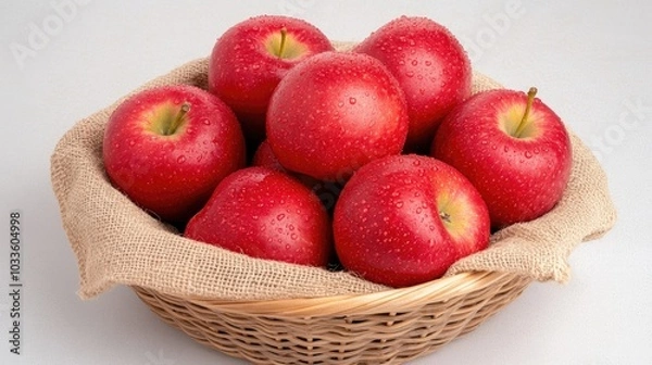 Fototapeta Red delicious apples with water droplets rest in a woven bowl covered with beige fabric, showcasing their freshness against a neutral gray background
