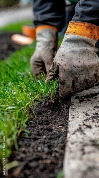 Fototapeta  Gloved hands carefully planting grass, highlighting the labor and care involved in landscaping work, with green blades contrasting against dark soil.