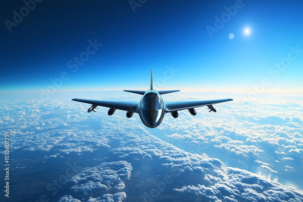 Fototapeta Sleek modern stealth fighter jet in flight, with copy space. Sharp, dynamic lighting. High-tech military background with clear sky