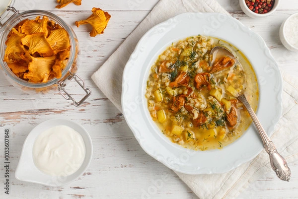 Fototapeta Autumn mushroom soup of chanterelles with pearl barley and dill in a white plate on a light wooden background. Top view, selective focus