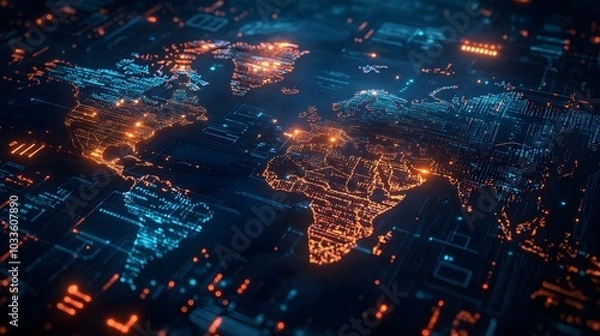 Obraz A top-down view of a city illuminated by digital connections, with a glowing world map overlay symbolizing the global IT market, Sci-fi, Digital, High-tech, Blue Neon