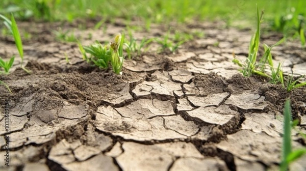 Fototapeta Dried, compacted soil with deep fissures across a once lush grassland, highlighting the environmental impact of water shortages and the greenhouse effect on agriculture.