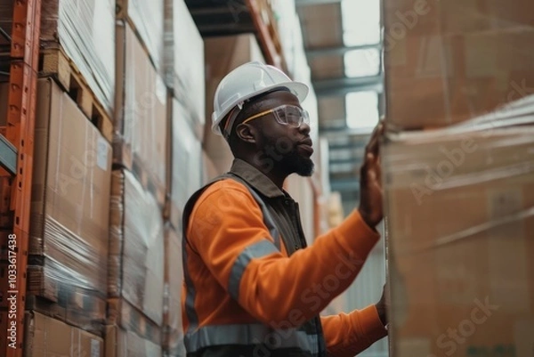 Fototapeta Containerized warehouse worker inspecting hardhat pallet helmet.