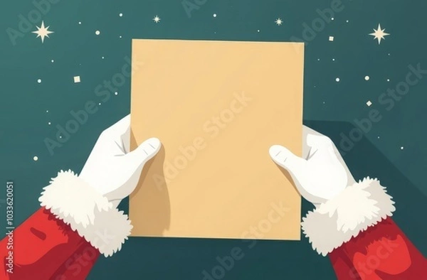Obraz Top view, a piece of paper in the hands of Santa Claus. The hands are wearing white gloves. Mock up