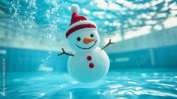 Fototapeta Cheerful snowman with Santa hat floats underwater in a swimming pool.
