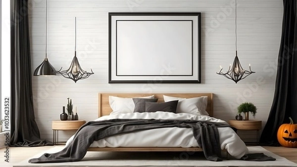 Obraz Modern minimalist landscape wall art mockup with bed for Halloween, blank frame for horizontal wall art mockup bedroom, Halloween vibes of the room interior