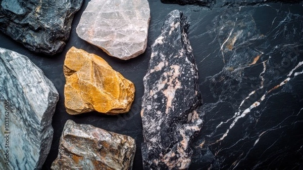 Obraz A stunning arrangement of various rocks and minerals showcases their unique textures and colors. The collection features shiny crystals and rough stones, highlighting the beauty of natural geology.