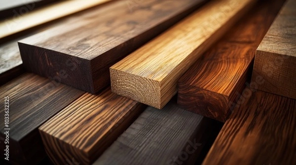 Obraz Beautifully arranged stack of various wooden planks showcases rich textures and colors. The natural grains and warm tones highlight the craftsmanship, perfect for any rustic or modern design project.