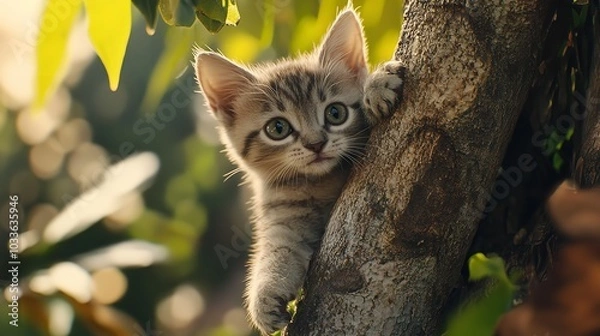 Fototapeta Balinese Kitten Climbing a Tree in the Garden
