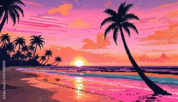 Obraz pixel sunset on the beach with palm trees