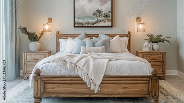 Fototapeta A bedroom with light blue and beige accents