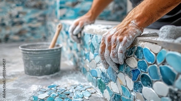 Obraz A skilled artisan meticulously applies colorful mosaic tiles, their hands dusted with grout. The vibrant blue and white patterns come to life, showcasing creativity and dedication in home renovation.