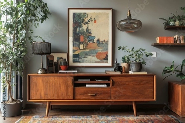 Fototapeta Stylish composition of artist workspace room with design retro teak commode, mock up poster frame, book, decoration and elegant accessories. Template, Generative AI