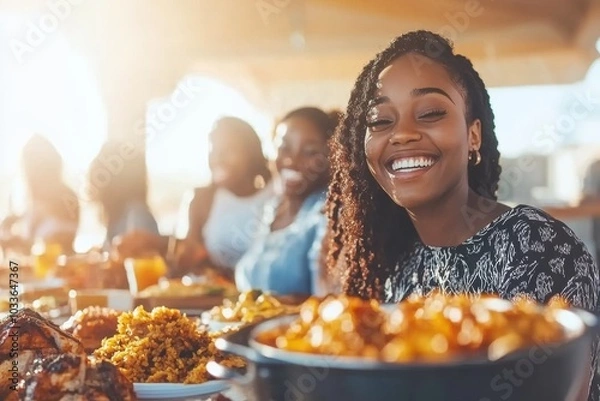 Obraz A young Black woman smiles brightly while sitting at a table with friends, enjoying a meal together.