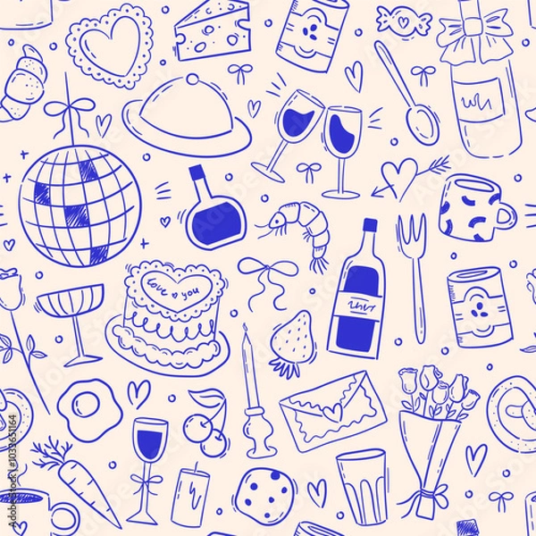 Fototapeta Contemporary minimalist line art seamless pattern with food, candles, drinks and decor doodles. Hand drawn dinner party background. Coquette ink menu texture. Vector graphic