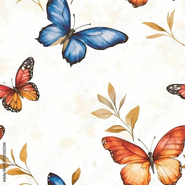 Fototapeta Colorful butterflies in various poses decorate a light background, accompanied by delicate leaves, creating a vibrant, nature-inspired pattern.