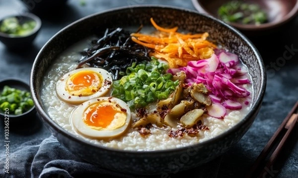 Fototapeta A bowl of savory rice porridge with toppings.