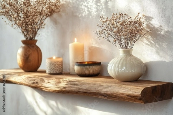 Fototapeta Minimalistic composition on the wooden shelf with dried flowers in vase and elegant personal accessories in stylish living room interior. Copy space, Generative AI