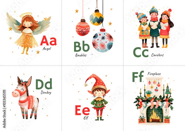 Fototapeta Six educational cards for preschool children, which depict letters and illustrations of Christmas, designed to teach kids the alphabet. Watercolor illustration in pastel colors.