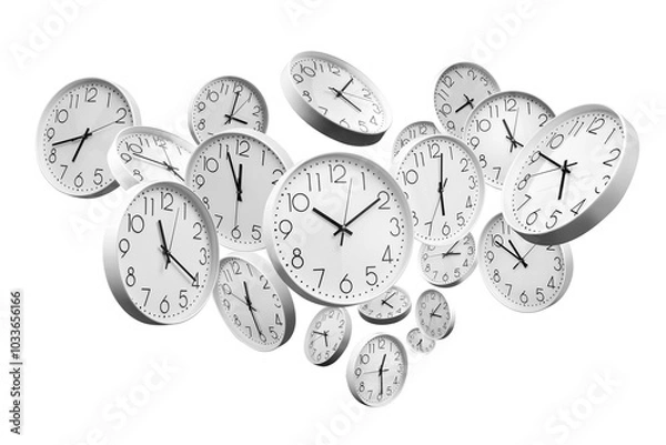 Obraz Time Concept with Multiple Floating Clocks Isolated from Background