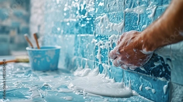 Fototapeta A close-up of a hand scrubbing blue tiles with soapy foam creates a refreshing scene. A bucket nearby hints at a cleaning project, emphasizing the importance of maintenance in home care.