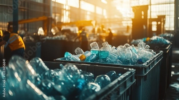 Obraz Workers sort through bins full of discarded plastic bottles. Sorting garbage.