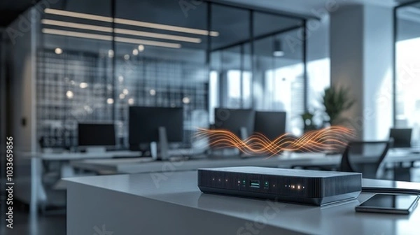Obraz Sleek router sits on a modern office desk, surrounded by a vibrant workspace. Waves of connectivity emanate from it, symbolizing fast internet and seamless communication in a professional environment.