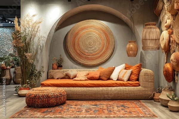 Fototapeta Interior design of ethno style living room with rattan furniture, daybed, pouf, hanging decoration on the wall, lamp and elegant personal accessories, Generative AI