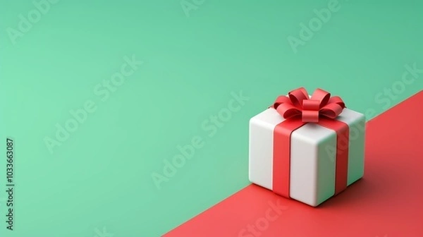 Obraz 3D Christmas Gift Box with Red Ribbon and Green Background
