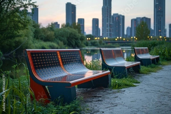 Fototapeta Image of smart benches in a public park, equipped with solar panels and USB charging ports