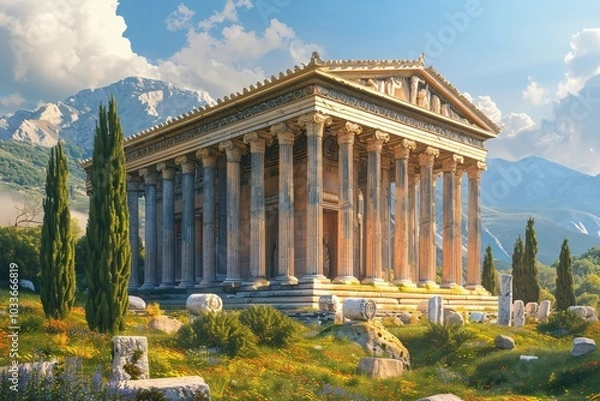 Obraz The Temple of Artemis, an ancient wonder of the world, renowned for its magnificent architecture and cultural significance. This grand temple, dedicated to the goddess Artemis, features intricate colu