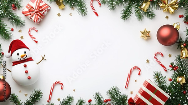 Fototapeta christmas frame with snowman, presents gift, bells, candy cane, leafs and light shinning, with white blank background easy to edit
