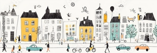 Obraz Explore a colorful urban landscape filled with hand-drawn buildings, cars, and people enjoying bustling street life in a lively atmosphere. Generative AI