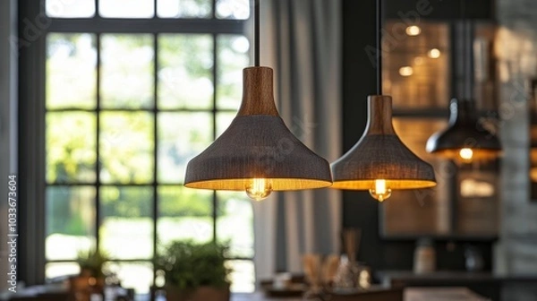 Fototapeta A cozy room with pendant lights combining wooden details, hammered metal textures, and pleated fabric shades.