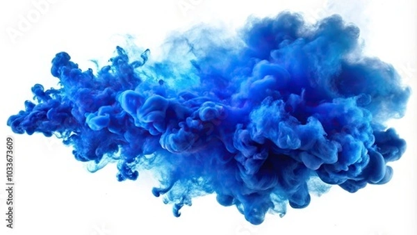 Fototapeta Explosive blue smoke in a long shot on white background