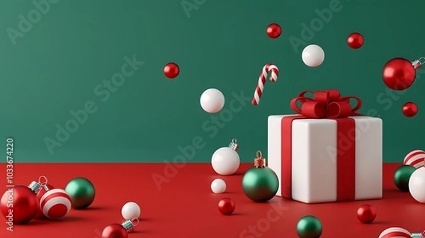 Fototapeta 3D Rendering of Christmas Gift Box with Ornaments