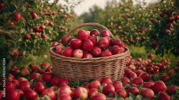 Fototapeta A bountiful apple harvest with a wicker basket full of red apples surrounded by fallen fruit in a lush green orchard, evoking the abundance and freshness of autumn
