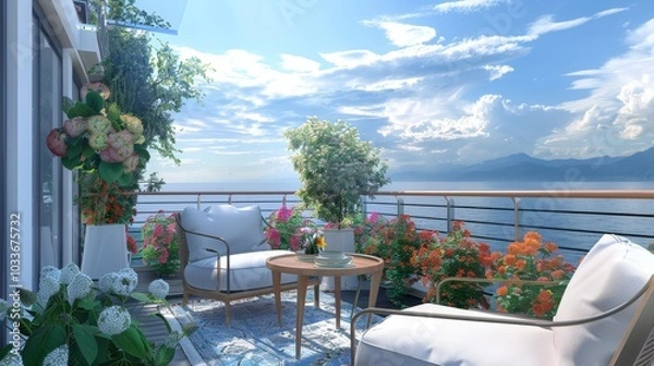 Obraz Ultra detailed balcony with oceanfront scenery, minimalist furniture