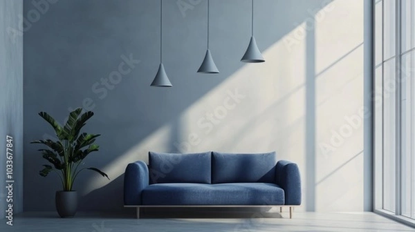 Fototapeta Modern, cozy corner featuring a blue sofa under pendant lights, set against smooth, pale gray walls.