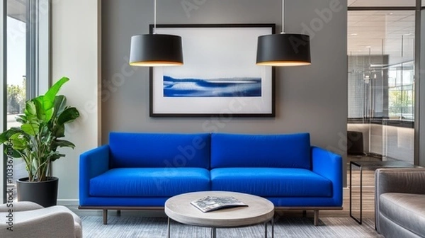 Fototapeta Modern living space featuring a bright blue sofa, complementing sleek pendant lights and neutral gray walls.