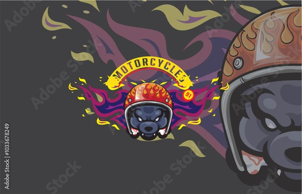 Fototapeta Vibrant motorcycle helmet graphic featuring a fierce bear and bold flames. This dynamic design combines fiery colors and striking imagery to create an eye-catching motorcycle theme on a dark backgroun