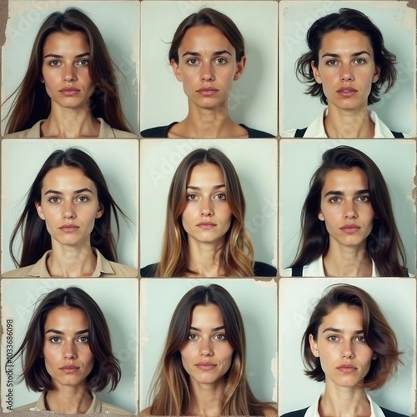 Fototapeta A series of headshots of women showing different facial expressions, presented in a retro photo booth style, with worn, dirty edges and faded colors for a vintage look