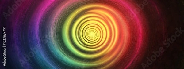 Fototapeta Abstract swirling pattern with rainbow colors and a bright yellow center.